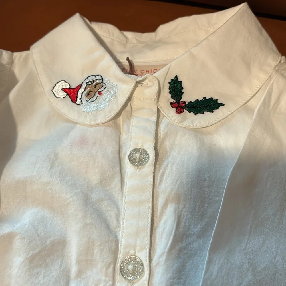 Pink Chicken White Baby Collar Bodysuit-Holiday Embroidery